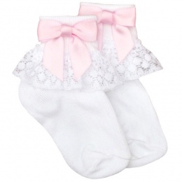 Girls White Lace Socks with Baby Pink Satin Bows